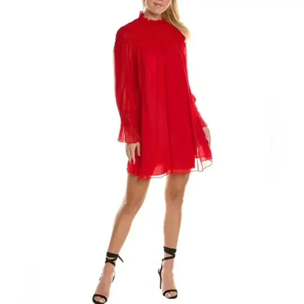Rebecca Taylor Diamond Smocked Mock Neck Silk Dress Size S/M
